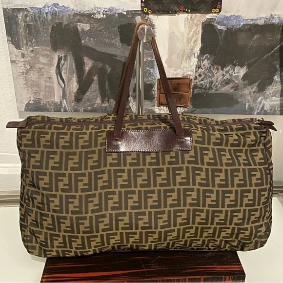 FENDI Large Zucca Canvas Duffle Weekender Tote Bag Black Brown - Picture 1 of 16